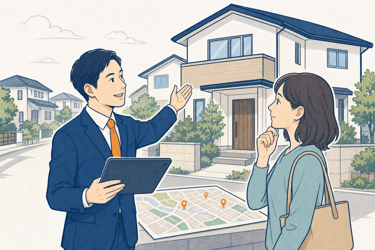 物件に詳しい不動産担当者が住宅を確認するイラスト