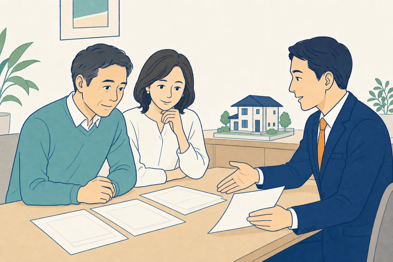 複数の不動産査定を比較しながら相談するご夫婦のイラスト